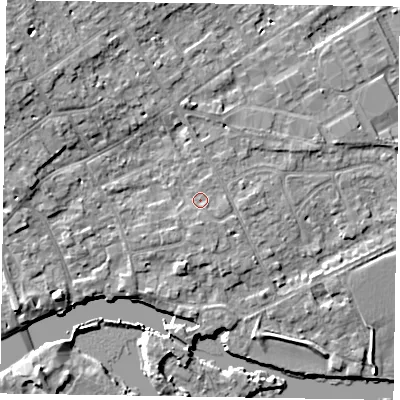 Shaded relief map of the ground around SL71RB, computed from Environment Agency LiDAR. The ground here sits at about 28 m above sea level and falls 8 m across the surrounding 800 m. Surface water reaching this point runs off ground lying to the south, 1.2 m higher.