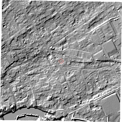 Shaded relief map of the ground around SL71RD, computed from Environment Agency LiDAR. The ground here sits at about 28 m above sea level and falls 8 m across the surrounding 800 m. Surface water reaching this point runs off ground lying to the north-west, 3.0 m higher.
