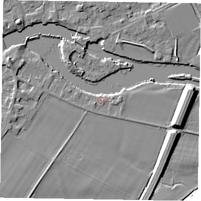 Shaded relief map of the ground around SL71RE, computed from Environment Agency LiDAR. The ground here sits at about 27 m above sea level and falls 12 m across the surrounding 800 m. Surface water reaching this point runs off ground lying to the west-south-west, 1.2 m higher.