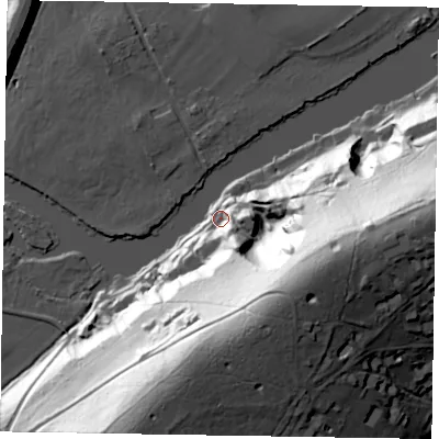 Shaded relief map of the ground around SL71RF, computed from Environment Agency LiDAR. The ground here sits at about 30 m above sea level and falls 72 m across the surrounding 800 m. Surface water reaching this point runs off ground lying to the south-east, 69.9 m higher.