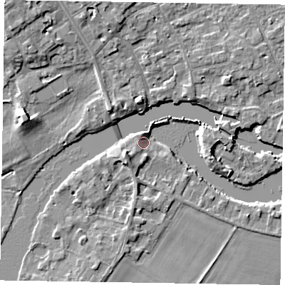 Shaded relief map of the ground around SL71RG, computed from Environment Agency LiDAR. The ground here sits at about 27 m above sea level and falls 8 m across the surrounding 800 m. Surface water reaching this point runs off ground lying to the south-west, 2.4 m higher.