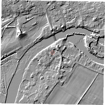 Shaded relief map of the ground around SL71RH, computed from Environment Agency LiDAR. The ground here sits at about 28 m above sea level and falls 8 m across the surrounding 800 m. Surface water reaching this point runs off ground lying to the north-east, 2.7 m higher.
