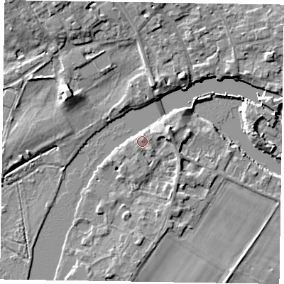 Shaded relief map of the ground around SL71RJ, computed from Environment Agency LiDAR. The ground here sits at about 28 m above sea level and falls 8 m across the surrounding 800 m. Surface water reaching this point runs off ground lying to the north-north-east, 0.7 m higher.