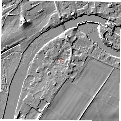 Shaded relief map of the ground around SL71RL, computed from Environment Agency LiDAR. The ground here sits at about 27 m above sea level and falls 7 m across the surrounding 800 m. Surface water reaching this point runs off ground lying to the north-north-east, 3.3 m higher.