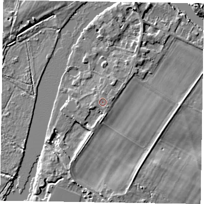 Shaded relief map of the ground around SL71RN, computed from Environment Agency LiDAR. The ground here sits at about 29 m above sea level and falls 6 m across the surrounding 800 m. The ground contributing surface water to this point lies to the west-north-west.