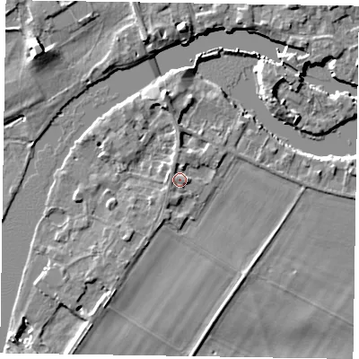 Shaded relief map of the ground around SL71RP, computed from Environment Agency LiDAR. The ground here sits at about 29 m above sea level and falls 7 m across the surrounding 800 m. Surface water reaching this point runs off ground lying to the north, 1.7 m higher.