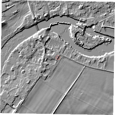 Shaded relief map of the ground around SL71RQ, computed from Environment Agency LiDAR. The ground here sits at about 28 m above sea level and falls 7 m across the surrounding 800 m. Surface water reaching this point runs off ground lying to the west, 1.9 m higher.