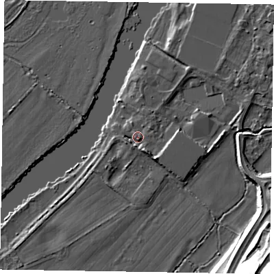 Shaded relief map of the ground around SL71RS, computed from Environment Agency LiDAR. The ground here sits at about 29 m above sea level and falls 30 m across the surrounding 800 m. Surface water reaching this point runs off ground lying to the south-east, 1.0 m higher.