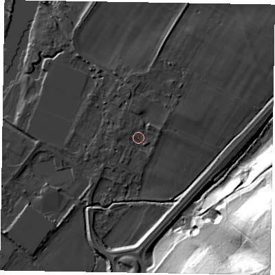Shaded relief map of the ground around SL71RU, computed from Environment Agency LiDAR. The ground here sits at about 28 m above sea level and falls 69 m across the surrounding 800 m. Surface water reaching this point runs off ground lying to the north, 2.6 m higher.