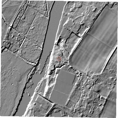 Shaded relief map of the ground around SL71RW, computed from Environment Agency LiDAR. The ground here sits at about 29 m above sea level and falls 4 m across the surrounding 800 m. Surface water reaching this point runs off ground lying to the south, 0.7 m higher.