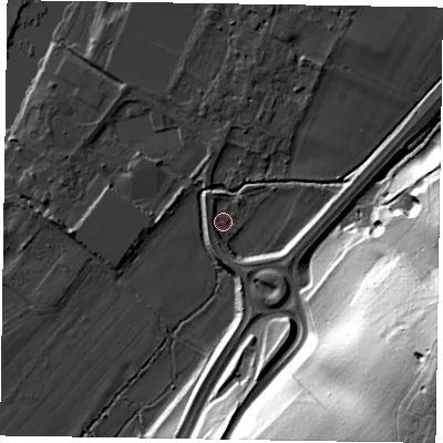 Shaded relief map of the ground around SL71RY, computed from Environment Agency LiDAR. The ground here sits at about 28 m above sea level and falls 73 m across the surrounding 800 m. Surface water reaching this point runs off ground lying to the south-east, 71.0 m higher.