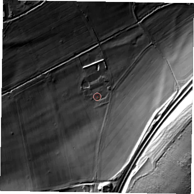 Shaded relief map of the ground around SL71RZ, computed from Environment Agency LiDAR. The ground here sits at about 31 m above sea level and falls 59 m across the surrounding 800 m. Surface water reaching this point runs off ground lying to the south-east, 22.6 m higher.
