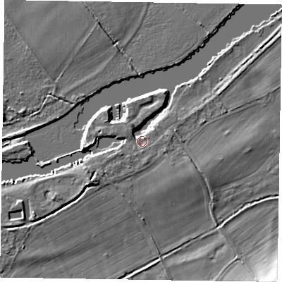 Shaded relief map of the ground around SL71SA, computed from Environment Agency LiDAR. The ground here sits at about 29 m above sea level and falls 9 m across the surrounding 800 m. Surface water reaching this point runs off ground lying to the south-west, 3.1 m higher.