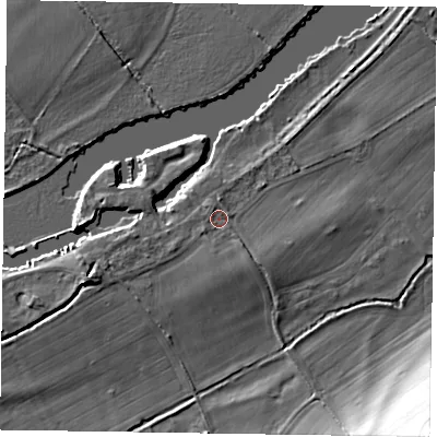 Shaded relief map of the ground around SL71SB, computed from Environment Agency LiDAR. The ground here sits at about 29 m above sea level and falls 18 m across the surrounding 800 m. Surface water reaching this point runs off ground lying to the south-south-east, 1.5 m higher.