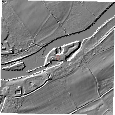 Shaded relief map of the ground around SL71SG, computed from Environment Agency LiDAR. The ground here sits at about 30 m above sea level and falls 5 m across the surrounding 800 m. Surface water reaching this point runs off ground lying to the south, 2.1 m higher.