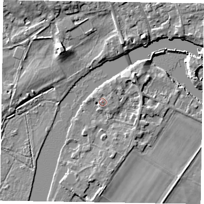 Shaded relief map of the ground around SL71SJ, computed from Environment Agency LiDAR. The ground here sits at about 28 m above sea level and falls 7 m across the surrounding 800 m. Surface water reaching this point runs off ground lying to the north-east, 3.9 m higher.