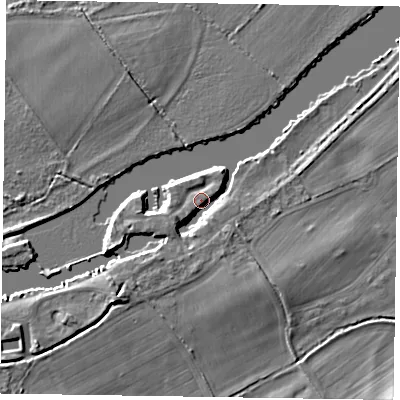 Shaded relief map of the ground around SL71SQ, computed from Environment Agency LiDAR. The ground here sits at about 29 m above sea level and falls 5 m across the surrounding 800 m. Surface water reaching this point runs off ground lying to the south-west, 3.4 m higher.