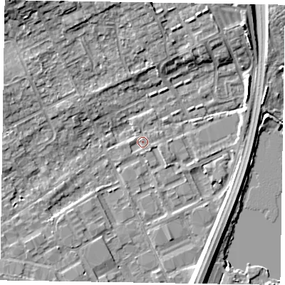 Shaded relief map of the ground around SL71SS, computed from Environment Agency LiDAR. The ground here sits at about 28 m above sea level and falls 9 m across the surrounding 800 m. Surface water reaching this point runs off ground lying to the east-south-east, 1.0 m higher.
