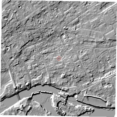 Shaded relief map of the ground around SL71SY, computed from Environment Agency LiDAR. The ground here sits at about 28 m above sea level and falls 9 m across the surrounding 800 m. Surface water reaching this point runs off ground lying to the east-south-east, 1.6 m higher.