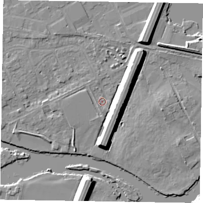 Shaded relief map of the ground around SL71SZ, computed from Environment Agency LiDAR. The ground here sits at about 27 m above sea level and falls 10 m across the surrounding 800 m. Surface water reaching this point runs off ground lying to the south-west, 1.2 m higher.