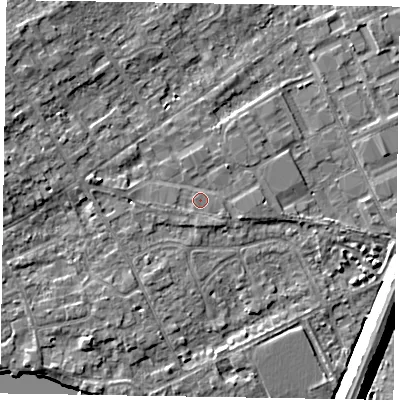 Shaded relief map of the ground around SL71TB, computed from Environment Agency LiDAR. The ground here sits at about 28 m above sea level and falls 9 m across the surrounding 800 m. Surface water reaching this point runs off ground lying to the north-east, 0.8 m higher.