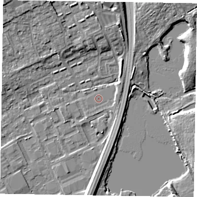 Shaded relief map of the ground around SL71TF, computed from Environment Agency LiDAR. The ground here sits at about 28 m above sea level and falls 8 m across the surrounding 800 m. Surface water reaching this point runs off ground lying to the south-east, 0.6 m higher.
