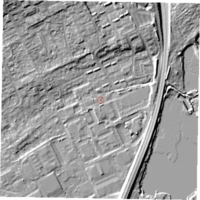Shaded relief map of the ground around SL71TG, computed from Environment Agency LiDAR. The ground here sits at about 28 m above sea level and falls 9 m across the surrounding 800 m. Surface water reaching this point runs off ground lying to the north-north-east, 5.5 m higher.