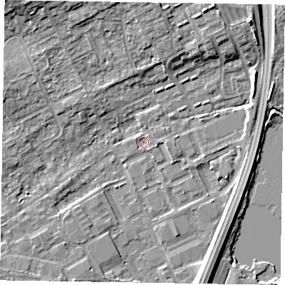 Shaded relief map of the ground around SL71TH, computed from Environment Agency LiDAR. The ground here sits at about 27 m above sea level and falls 8 m across the surrounding 800 m. Surface water reaching this point runs off ground lying to the east-south-east, 0.9 m higher.