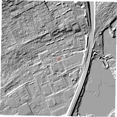 Shaded relief map of the ground around SL71TQ, computed from Environment Agency LiDAR. The ground here sits at about 28 m above sea level and falls 10 m across the surrounding 800 m. Surface water reaching this point runs off ground lying to the north, 6.3 m higher.