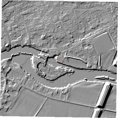 Shaded relief map of the ground around SL71UA, computed from Environment Agency LiDAR. The ground here sits at about 27 m above sea level and falls 11 m across the surrounding 800 m. Surface water reaching this point runs off ground lying to the west, 5.7 m higher.