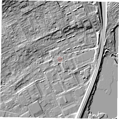 Shaded relief map of the ground around SL71UB, computed from Environment Agency LiDAR. The ground here sits at about 28 m above sea level and falls 9 m across the surrounding 800 m. Surface water reaching this point runs off ground lying to the south-south-east, 0.7 m higher.