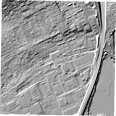 Shaded relief map of the ground around SL71UD, computed from Environment Agency LiDAR. The ground here sits at about 27 m above sea level and falls 11 m across the surrounding 800 m. The ground contributing surface water to this point lies to the south.