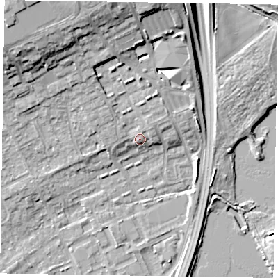 Shaded relief map of the ground around SL71UH, computed from Environment Agency LiDAR. The ground here sits at about 30 m above sea level and falls 15 m across the surrounding 800 m. Surface water reaching this point runs off ground lying to the north-east, 1.6 m higher.