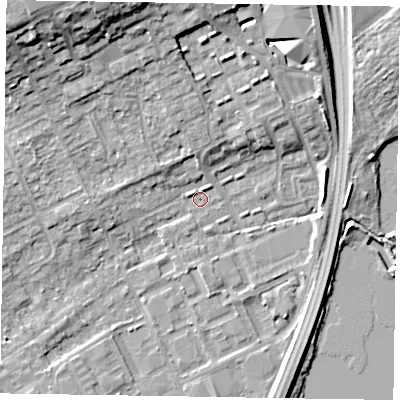 Shaded relief map of the ground around SL71UJ, computed from Environment Agency LiDAR. The ground here sits at about 27 m above sea level and falls 13 m across the surrounding 800 m. Surface water reaching this point runs off ground lying to the north, 8.1 m higher.
