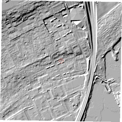 Shaded relief map of the ground around SL71UL, computed from Environment Agency LiDAR. The ground here sits at about 28 m above sea level and falls 15 m across the surrounding 800 m. Surface water reaching this point runs off ground lying to the north-north-east, 3.2 m higher.