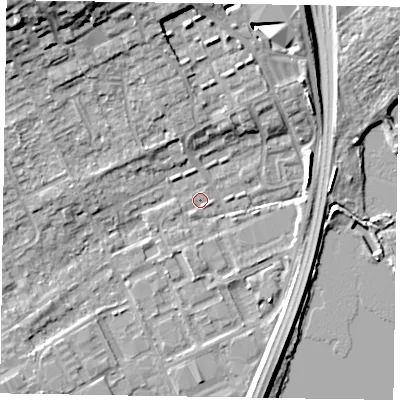 Shaded relief map of the ground around SL71UN, computed from Environment Agency LiDAR. The ground here sits at about 27 m above sea level and falls 13 m across the surrounding 800 m. Surface water reaching this point runs off ground lying to the north, 7.5 m higher.