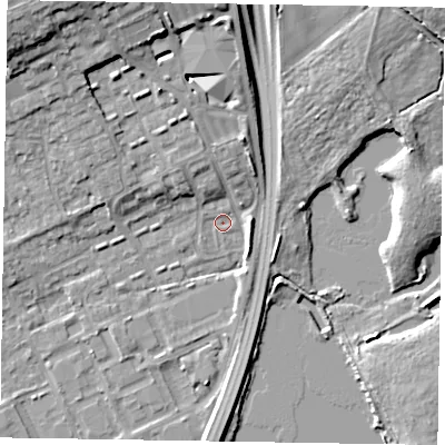 Shaded relief map of the ground around SL71UP, computed from Environment Agency LiDAR. The ground here sits at about 28 m above sea level and falls 13 m across the surrounding 800 m. Surface water reaching this point runs off ground lying to the north-north-west, 3.6 m higher.