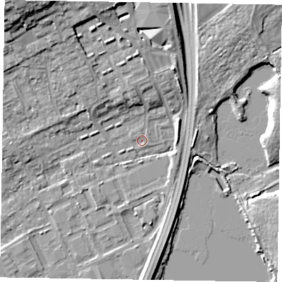 Shaded relief map of the ground around SL71UR, computed from Environment Agency LiDAR. The ground here sits at about 27 m above sea level and falls 13 m across the surrounding 800 m. Surface water reaching this point runs off ground lying to the north, 8.2 m higher.