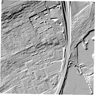 Shaded relief map of the ground around SL71US, computed from Environment Agency LiDAR. The ground here sits at about 28 m above sea level and falls 15 m across the surrounding 800 m. Surface water reaching this point runs off ground lying to the north, 3.3 m higher.