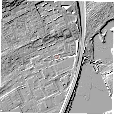 Shaded relief map of the ground around SL71UW, computed from Environment Agency LiDAR. The ground here sits at about 27 m above sea level and falls 12 m across the surrounding 800 m. Surface water reaching this point runs off ground lying to the north, 6.3 m higher.