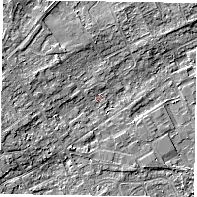 Shaded relief map of the ground around SL71XT, computed from Environment Agency LiDAR. The ground here sits at about 28 m above sea level and falls 6 m across the surrounding 800 m. Surface water reaching this point runs off ground lying to the west-north-west, 3.6 m higher.