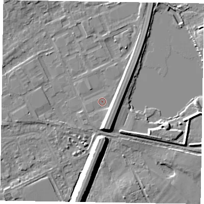 Shaded relief map of the ground around SL71YA, computed from Environment Agency LiDAR. The ground here sits at about 28 m above sea level and falls 10 m across the surrounding 800 m. Surface water reaching this point runs off ground lying to the south-south-east, 5.5 m higher.