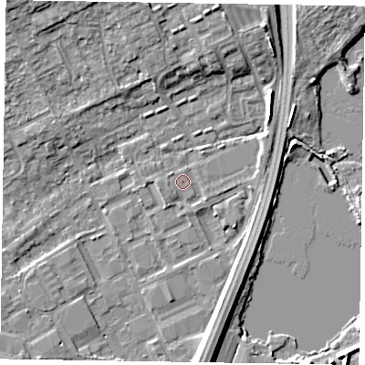 Shaded relief map of the ground around SL71YG, computed from Environment Agency LiDAR. The ground here sits at about 28 m above sea level and falls 8 m across the surrounding 800 m. Surface water reaching this point runs off ground lying to the west-south-west, 1.1 m higher.
