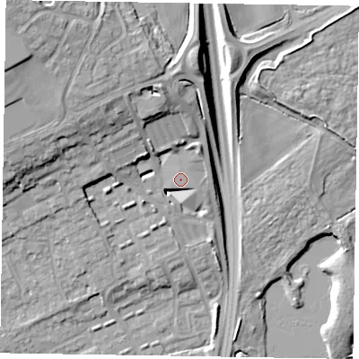 Shaded relief map of the ground around SL71YL, computed from Environment Agency LiDAR. The ground here sits at about 32 m above sea level and falls 19 m across the surrounding 800 m. Surface water reaching this point runs off ground lying to the north-north-west, 12.6 m higher.