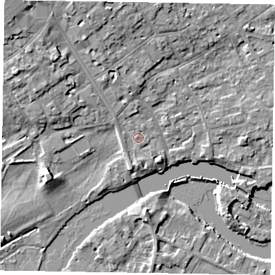 Shaded relief map of the ground around SL72AA, computed from Environment Agency LiDAR. The ground here sits at about 29 m above sea level and falls 10 m across the surrounding 800 m. Surface water reaching this point runs off ground lying to the north-west, 6.6 m higher.