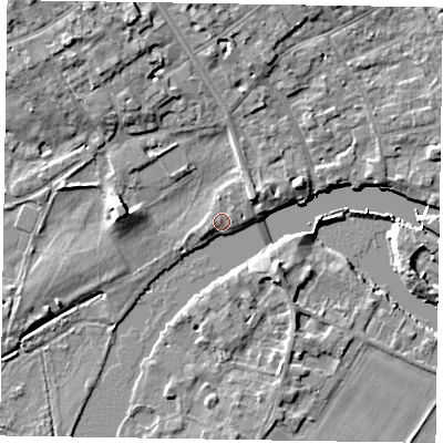 Shaded relief map of the ground around SL72AB, computed from Environment Agency LiDAR. The ground here sits at about 28 m above sea level and falls 9 m across the surrounding 800 m. Surface water reaching this point runs off ground lying to the north-west, 1.2 m higher.