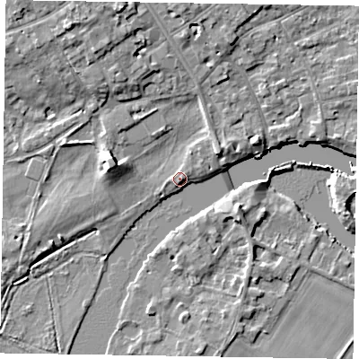 Shaded relief map of the ground around SL72AD, computed from Environment Agency LiDAR. The ground here sits at about 29 m above sea level and falls 9 m across the surrounding 800 m. Surface water reaching this point runs off ground lying to the north-north-west, 7.1 m higher.