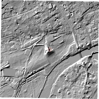 Shaded relief map of the ground around SL72AE, computed from Environment Agency LiDAR. The ground here sits at about 29 m above sea level and falls 9 m across the surrounding 800 m. Surface water reaching this point runs off ground lying to the west, 3.6 m higher.