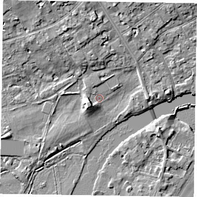 Shaded relief map of the ground around SL72AG, computed from Environment Agency LiDAR. The ground here sits at about 28 m above sea level and falls 10 m across the surrounding 800 m. Surface water reaching this point runs off ground lying to the west-south-west, 4.5 m higher.