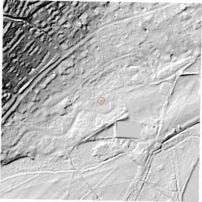 Shaded relief map of the ground around SL72AH, computed from Environment Agency LiDAR. The ground here sits at about 28 m above sea level and falls 42 m across the surrounding 800 m. Surface water reaching this point runs off ground lying to the north-west, 5.2 m higher.